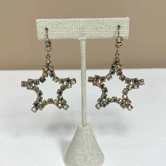 Gold Aurora Borealis Rhinestone Large Star Dangle Earring - Picture 2 of 7